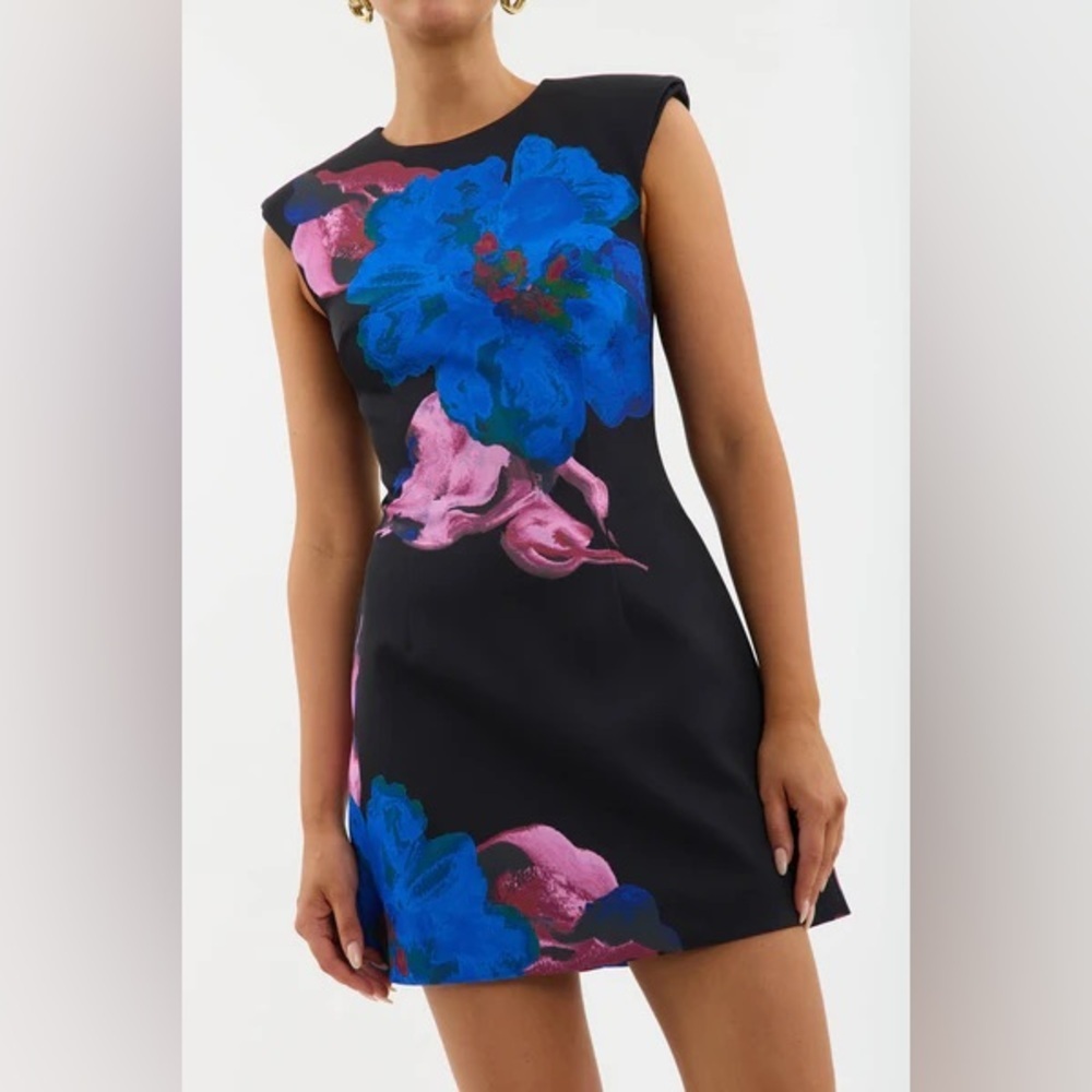 NWT Rebecca Vallance Acid Wash Floral Black A Line Mini Dress Blue Pink 6 - Picture 3 of 11